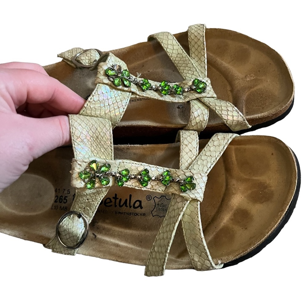 Birkenstock Pale green shimmer Snake-Print Slide Sandals with Green Gem Accents - Picture 2 of 10